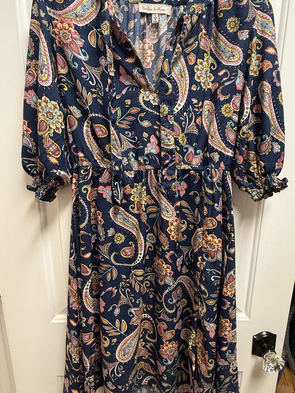 Harlow & Rose Navy Paisley Boho Midi Dress Ruffle Sleeve Small EUC